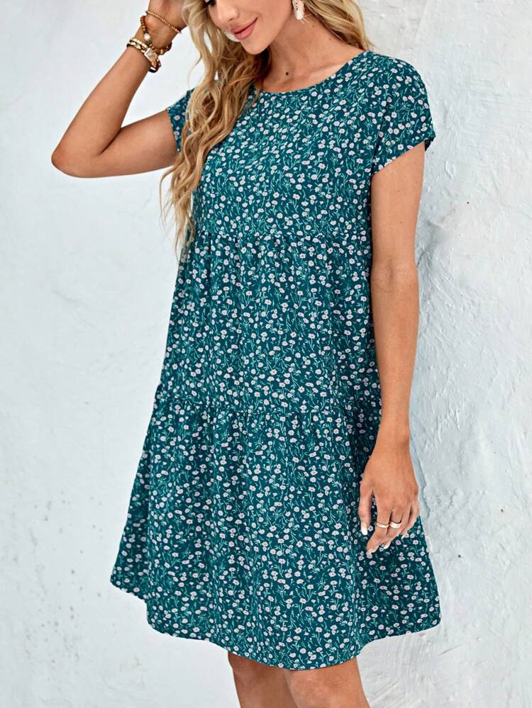 Women Ditsy Floral Round Neck Short Sleeve Casual Summer Vacation Dress