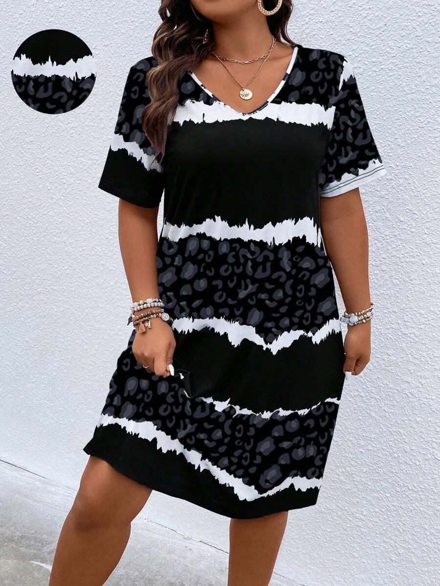 Plus Size Leopard Print V-Neck Dress, Summer