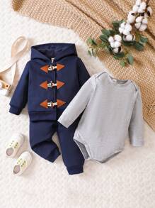 嬰兒男寶寶純色連身衣+連帽呢大衣+褲子 - 寶藍色 - 查看 1