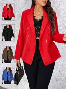 SHEIN Unity 纯色双排扣平领西装外套，适合新年衣服 - 紅色 - 查看 1