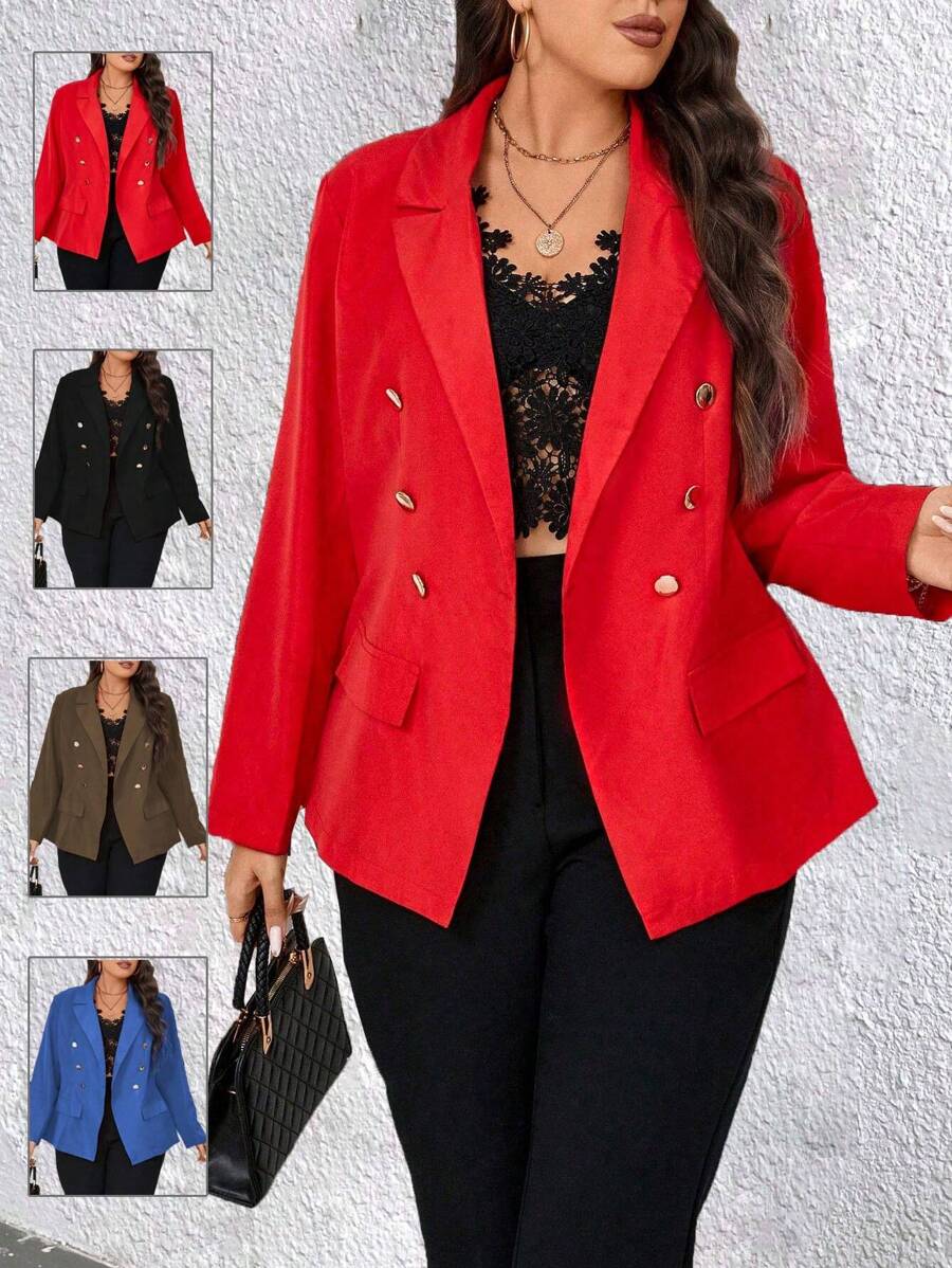 SHEIN Unity 纯色双排扣平领西装外套，适合新年衣服 - 紅色 - 查看 1