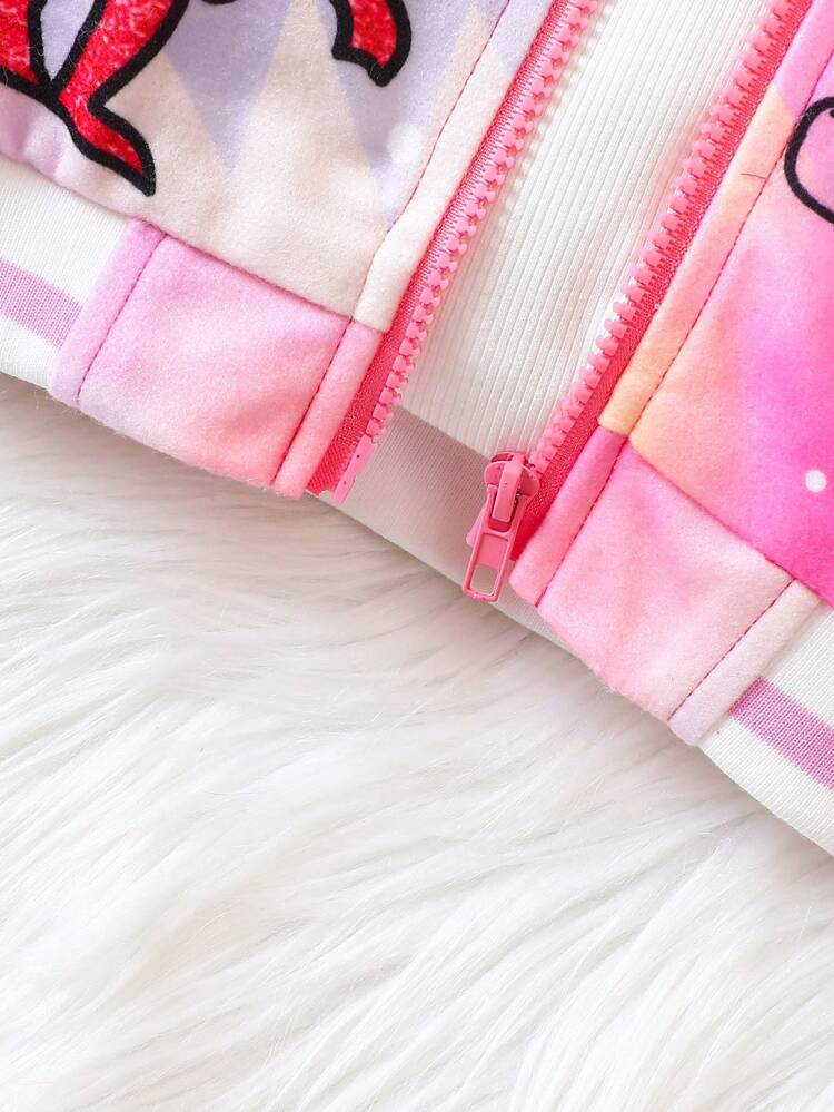 Baby Girl Tie Dye Letter & Dinosaur Print Striped Trim Varsity Jacket