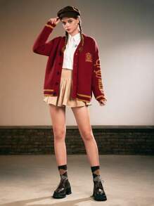 Harry Potter | ROMWE Cárdigan holgado de mujer con logo bordado de la casa Gryffindor, hombros caídos - Rojo - Ver 5