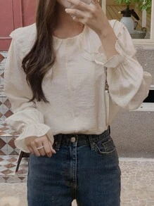 DAZY 女性純色荷葉袖襯衫 - 杏色 - 查看 6