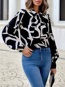 SHEIN Privé 繫帶領口燈籠袖上衣 - 彩色 - 查看 4