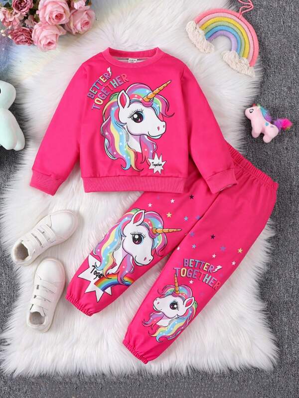SHEIN Young Girl New Autumn/Winter Round Neck Long Sleeve Unicorn & Letter Print Top And Pants Outfit, 2pcs/Set