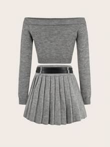 SHEIN Unity Women's Solid Color Off-Shoulder Long Sleeve Top And Pleated Skirt Sweater Set - Grey - View 2