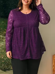 EMERY ROSE Camisa De Encaje Para Mujeres De Talla Grande Con Botones - Morado - Ver 3