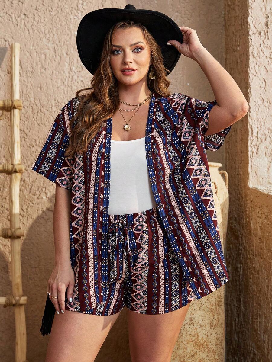 SHEIN VCAY Kích thước lớn Họa tiết Hình học Kimono Áo khoác Và Bộ quần short - Màu Đỏ Sâu - Xem 1