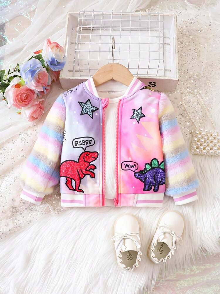 Baby Girl Tie Dye Letter & Dinosaur Print Striped Trim Varsity Jacket