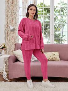 SHEIN LUNE Hơn Túi kangaroo Áo thun Thả vai & Xà cạp - Màu Hồng Tươi - Xem 6