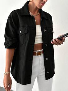 EURMUSE 100%Cotton Women's Denim Jacket And Coat - Black - View 4