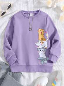 SHEIN Girls' Cute Printed Cat Sweatshirt For Autumn And Winter - Purple - View 1
