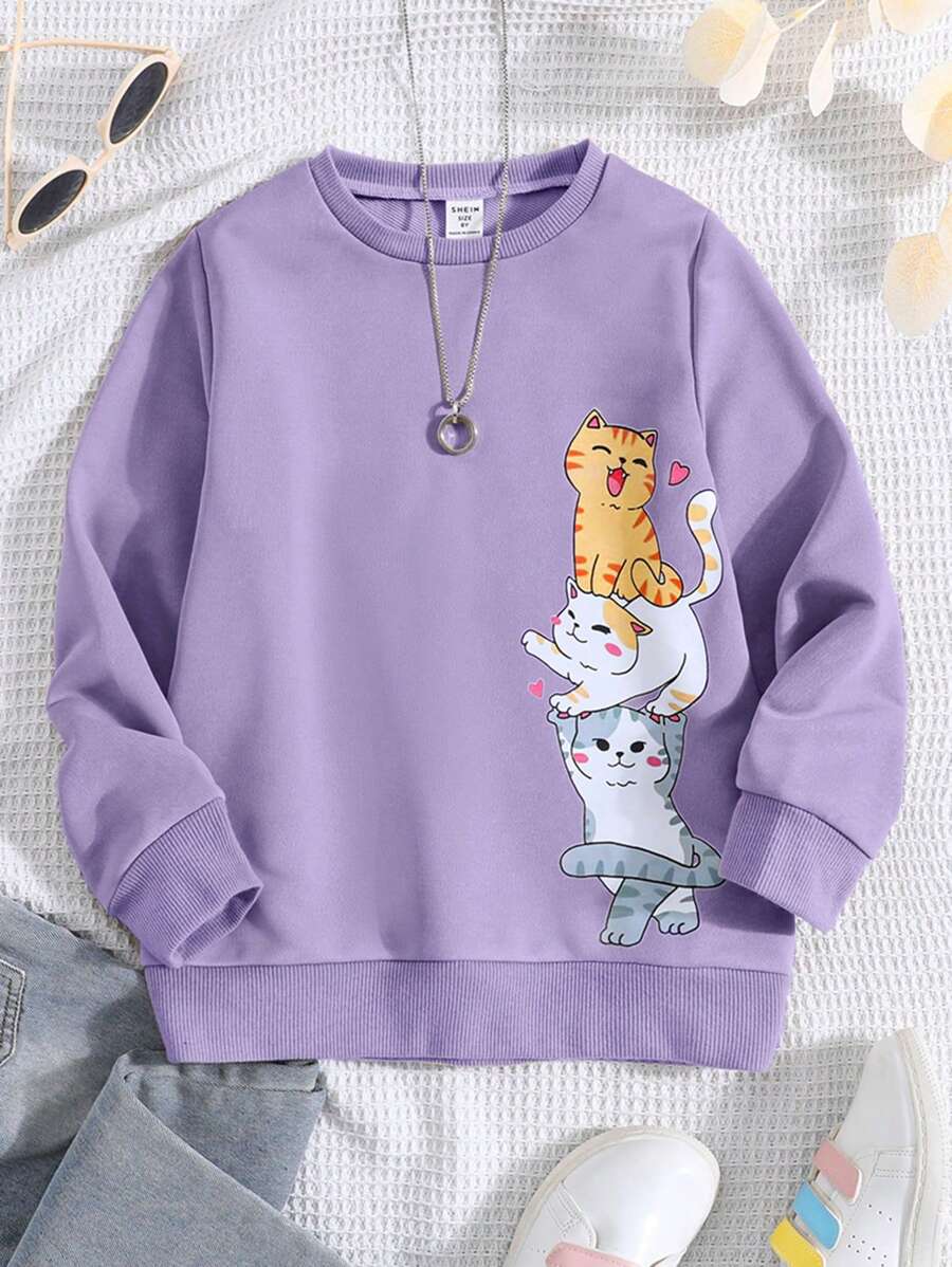 SHEIN Girls' Cute Printed Cat Sweatshirt For Autumn And Winter - Purple - View 1