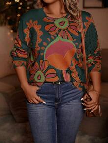 EMERY ROSE 大碼女性花卉圖案套頭衫套頭毛衣 - 綠色 - 查看 4