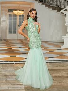 Missord Glitter & Mesh Mermaid Hem Evening Party Formal Dress - Green - View 7