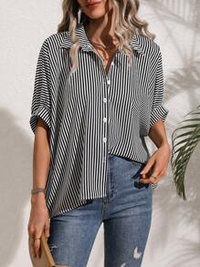 SHEIN LUNE Striped Print Batwing Sleeve Shirt - Black and White - View 8