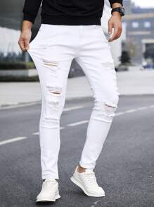 Manfinity Homme Men Cotton Ripped Frayed Skinny Jeans Slim Fit Long Jean Cargo Plain All White Office Casual Husband Urban Going Out Party Vacation