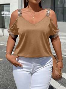 Celure Plus Contrast Tape Cold Shoulder Tee Graphic Tees Women Tops - Camel - View 4