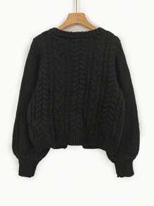 SHEIN Unity Áo len cardigan tay đèn lồng màu trơn có cà vạt, áo dài tay - màu đen - Xem 2