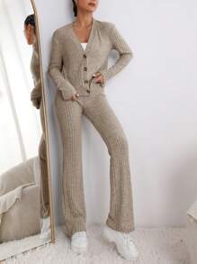 SHEIN LUNE 女性前紐扣上衣和喇叭褲套裝 - 杏色 - 查看 1