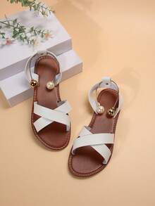 歐美風格女款大尺碼交叉串珠白色涼鞋夏季休閒時尚露趾沙灘鞋 - 白色 - 查看 4