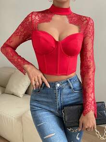 SHEIN Allurite Women's Patchwork Lace Top - Red - View 3