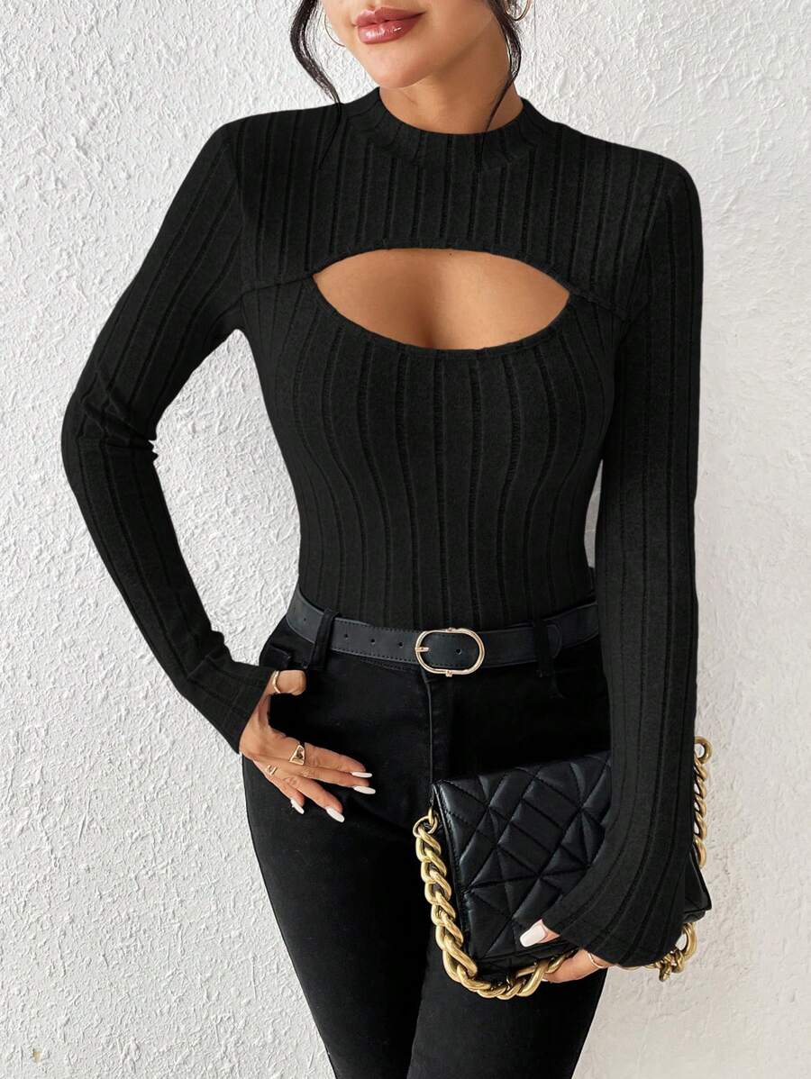 Chiquease Cut Out Front Mock Neck Tee Fall Cloth For Women - Black - View 1