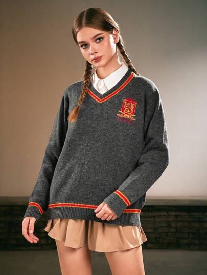 Harry Potter | ROMWE Maglione Con Scollo A V Ricamato Con Spalle Cadenti E Bordi A Righe