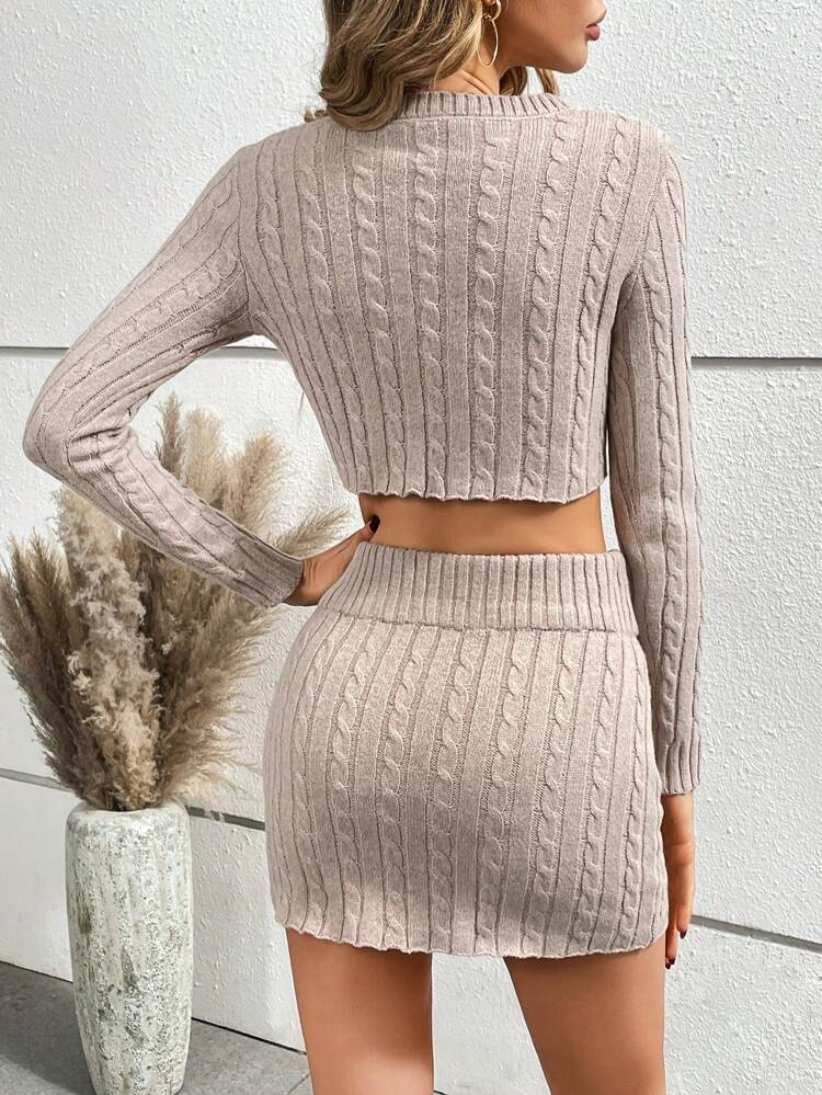 Cable Knit Crop Sweater & Knit Skirt Fall Cloth For Women