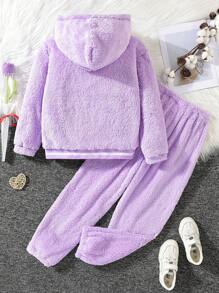 SHEIN Girls' (big) Solid Color Hooded Plush Jacket And Loose Pants Two Piece Set