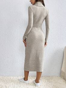 SHEIN Frenchy Turtleneck Hollow Out Ribbed Dress With Side Split - Apricot - View 2