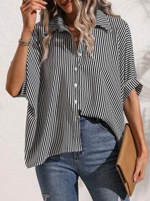 SHEIN LUNE Striped Print Batwing Sleeve Shirt - Black and White - View 3