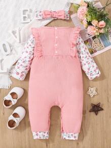 嬰兒女童連身衣及帽子套裝，可愛花朵圖案長袖上衣+可愛連身衣+頭帶外出套裝，共3件 - 粉色 - 查看 2