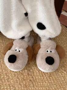 Chinelos de pelúcia de cachorro de desenho animado fofo para mulheres, chinelos de inverno quentes e antiderrapantes para uso doméstico, sapatos de pelúcia
