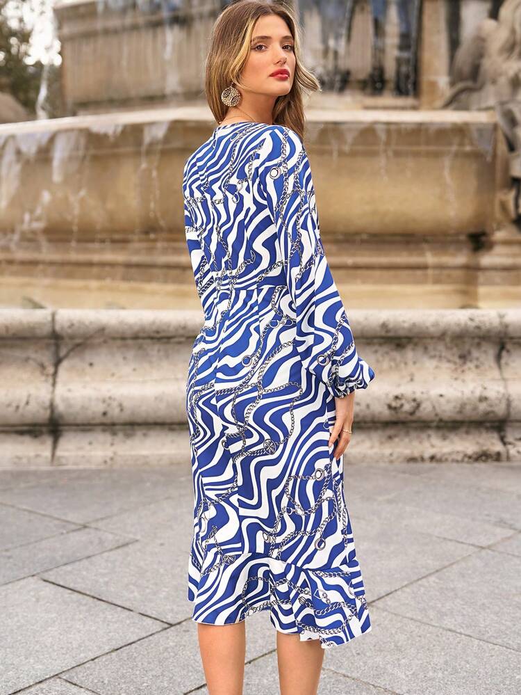 Allover Print Lantern Sleeve Ruffle Hem Dress