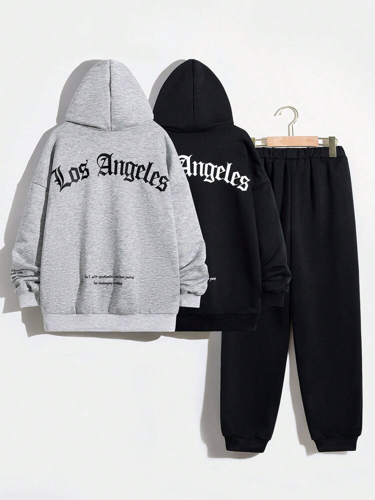 Boys And Girls Casual Letter Print Pattern Hooded Sweatshirt In Two Colors And Solid Color Pants Knitted Three-piece Set