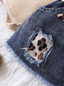 女嬰標語圖案荷葉邊連身背心&破洞毛邊牛仔半身裙 - 彩色 - 查看 8