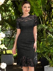 MIUSOL 美人鱼下摆花卉蕾丝紧身鸡尾酒连衣裙 - 黑色 - 查看 1