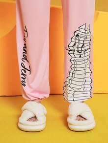 TOM & JERRY X SHEIN Women's Striped T-shirt And Drawstring Cartoon Printed Long Pants Pajama Set - Multicolor - View 8