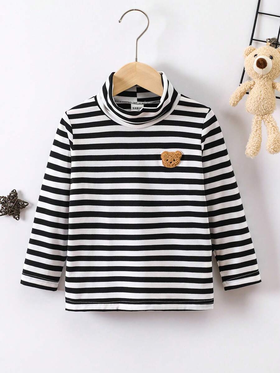 SHEIN Chàng trai trẻ Sọc Bản vá Gấu Cổ cao Áo thun - Nhiều màu - Xem 1
