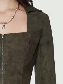 ROMWE Grunge Punk Damen-pu-langarmoberteil Mit Quadratischem Ausschnitt Und Reißverschluss - Olivgrün - Übersicht 7