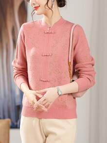 女式复古纽扣装饰长袖针织毛衣，秋冬款 - 粉色 - 查看 5
