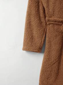 SHEIN Tween Boy Cartoon Embroidery 3D Ears Design Hooded Belted Fleece Coat - Khaki - View 3