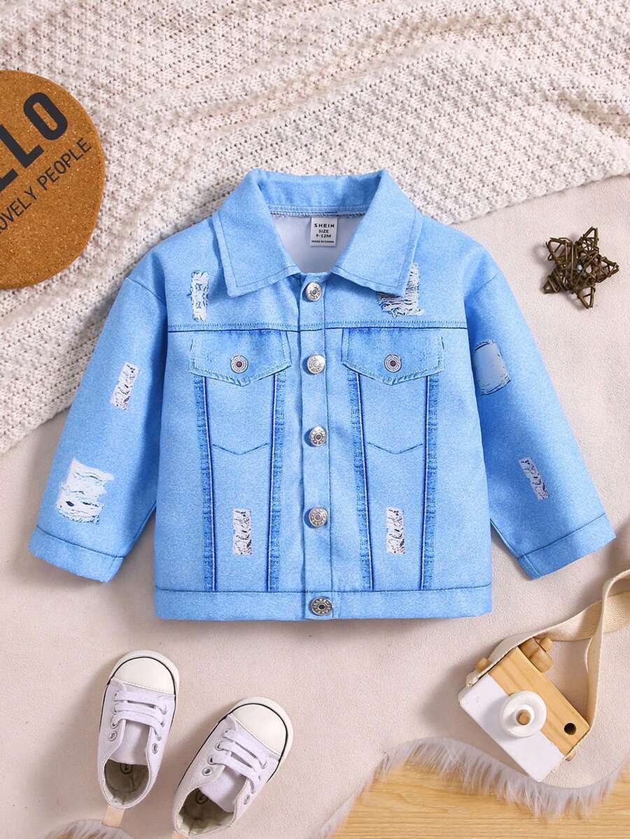 Baby Boy Distressed Denim Effect Long Sleeve Casual Jacket, Streetwear Cool - Blue - View 1