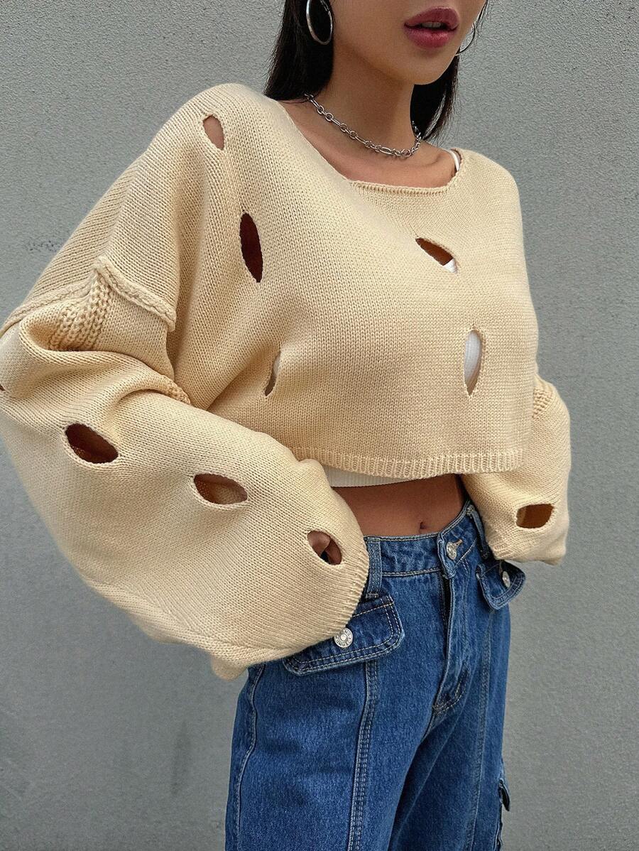 Dazy Star 女士中空下垂肩毛衣 - 黃色 - 查看 1