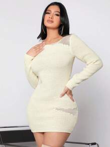 SHEIN SXY New Year Women'S Sexy Round Neck Long Sleeve Sweater Dress - Apricot - View 6