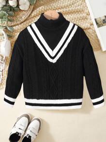 SHEIN 1pc Toddler Boys' Casual & Comfortable & Fashionable & Simple & Soft & Practical & Warm Knitted Sweater, Autumn/Winter, Color Block & 2 In 1 & Turtleneck & Twisted Pattern Suitable For College Style - Black - View 1