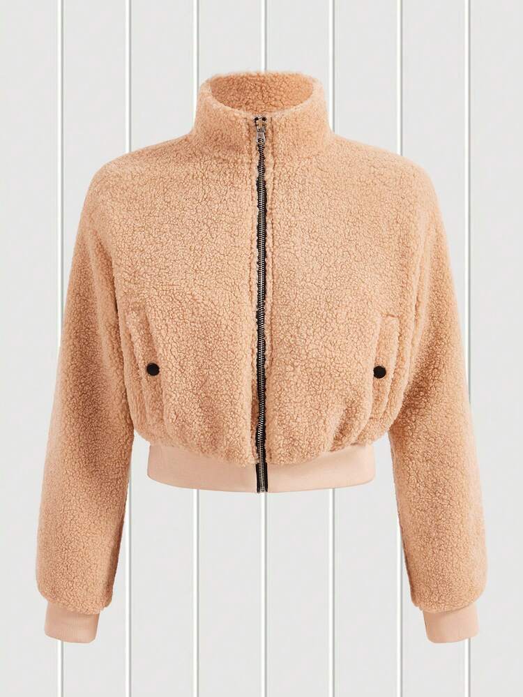 Zip-front Teddy Jacket With Slanted Pockets