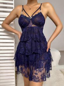 荷葉邊雕空花邊睡眠裙帶薄肩吊帶 - 藍色 - 查看 3